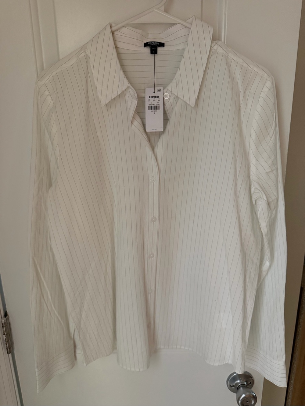 Express Men’s White Shirt with Thin Gray Pinstripes